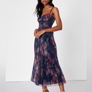 Lulus Midnight Blue Floral Pleated Bustier Midi Dress